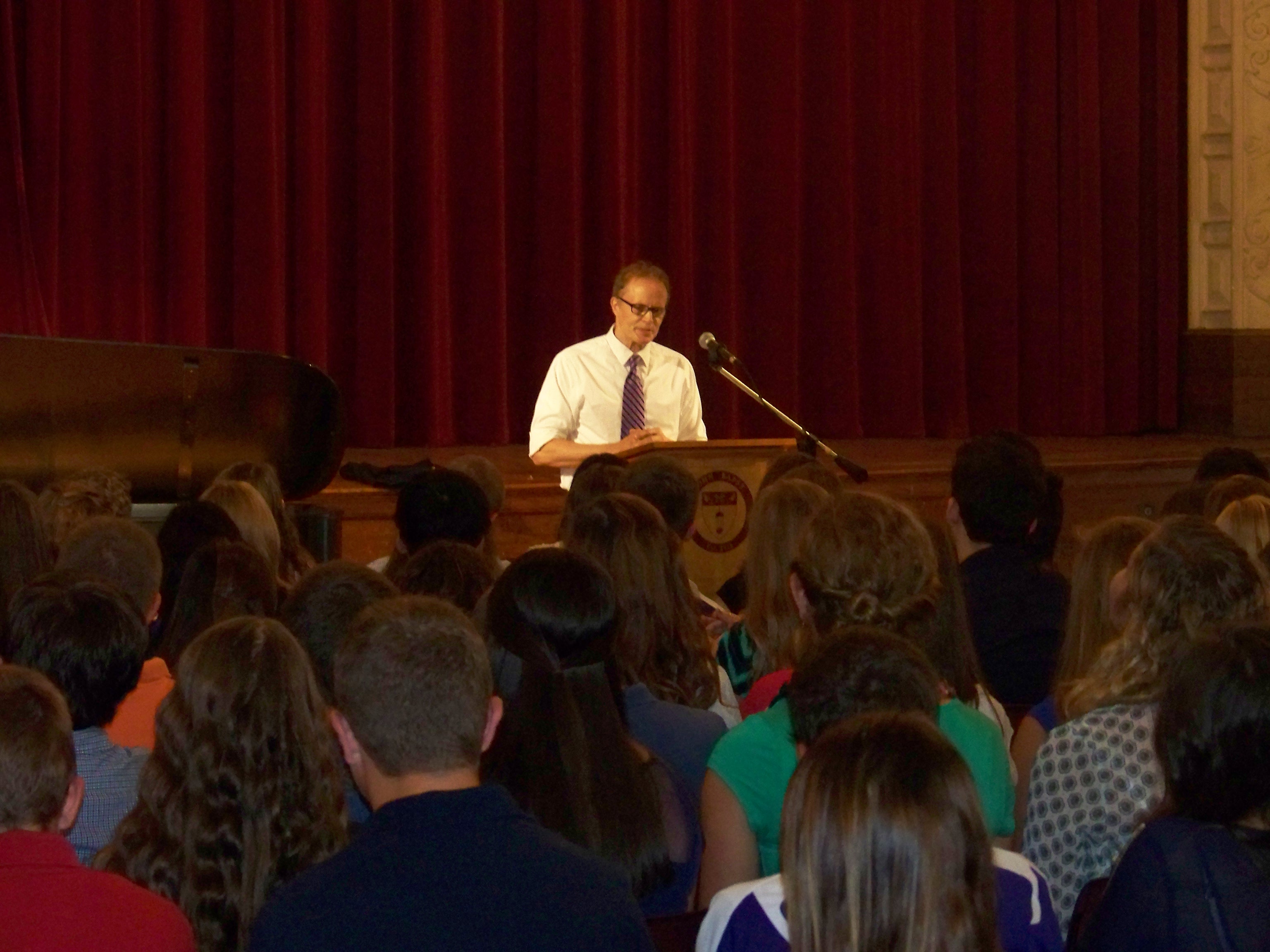 Mr. John Emerson delivers the start of school Convocation Address at John Bapst on the first day of school, August 27, 2013.
