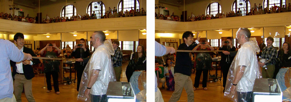 Yoshi was the lucky winner of the pie throwing drawing. He hit Mr. Hamilton perfectly. 